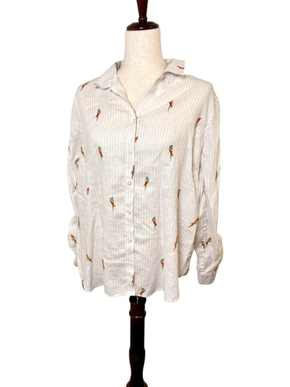 Chico’s White Linen Parrot Print Pinstripe Button Shirt Coastal Large